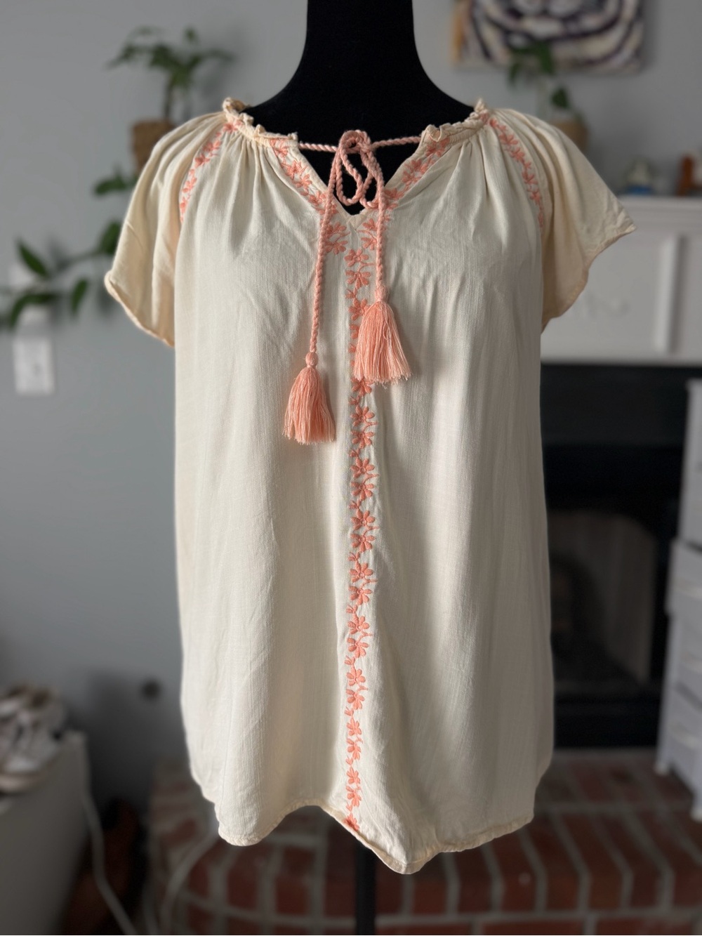 LC Lauren Conrad Boho Cream Blouse with Coral Embroidery and Tassels
